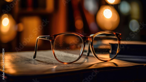 Pair of glasses lying on an old book. The library is in the background. Books and glasses. Generative AI