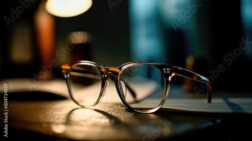 Pair of glasses lying on an old book. The library is in the background. Books and glasses. Generative AI