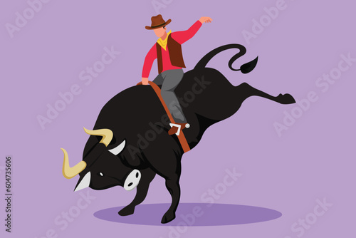 Cartoon flat style drawing of cowboy riding wild bull for exciting rodeo show. Brave cowboy in hat join with rodeo competition riding wild bull. Exciting rodeo show. Graphic design vector illustration