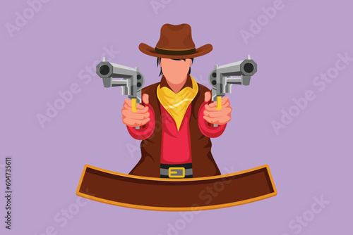 Character flat drawing stylized wild west gunslinger holding two guns. Handsome American cowboys aiming two pistols in the desert. Vintage weapons for self defense. Cartoon design vector illustration