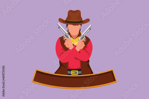 Graphic flat design drawing of wild west gunslinger holding and crossing two guns. American cowboys holding his two weapons above his chest. Weapons for self defense. Cartoon style vector illustration