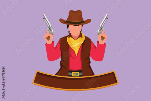 Character flat drawing of stylized American cowboys holding and raised his two guns up. Old wild west gunslinger holding two guns. Vintage weapons for self defense. Cartoon design vector illustration