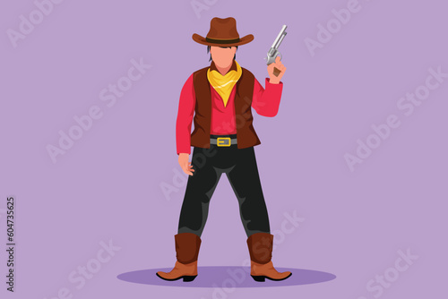 Cartoon flat style drawing of stylized cowboy with hat holding his gun with one hand. Smart American gunslinger style holding gun concept. Weapons for self defense. Graphic design vector illustration