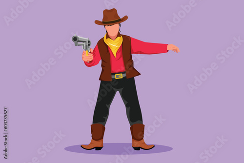 Cartoon flat style drawing smart cowboy holding his gun and aiming the guns ahead. Stylized wild west gunslinger style holding gun. Vintage weapons for self defense. Graphic design vector illustration