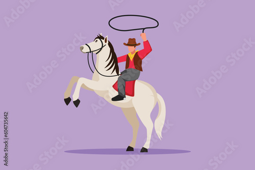 Character flat drawing stylized cowboy throwing lasso riding rearing up horse. American cowboy riding horse and throwing lasso. Cute cowboy with rope lasso on horse. Cartoon design vector illustration
