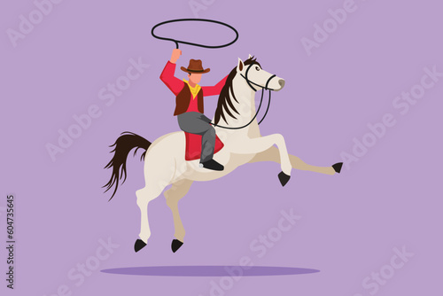 Cartoon flat style drawing strong cowboy on horse galloping across desert. Stylized cowboy on bucking horse running with lasso. Cute cowboy with rope lasso on horse. Graphic design vector illustration