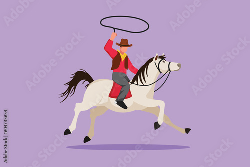 Graphic flat design drawing stylized cowboy on horse galloping across dusty field. Happy cowboy on bucking horse running with lasso. Cowboy with rope lasso on horse. Cartoon style vector illustration