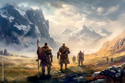 group of adventurers walking in the mountains