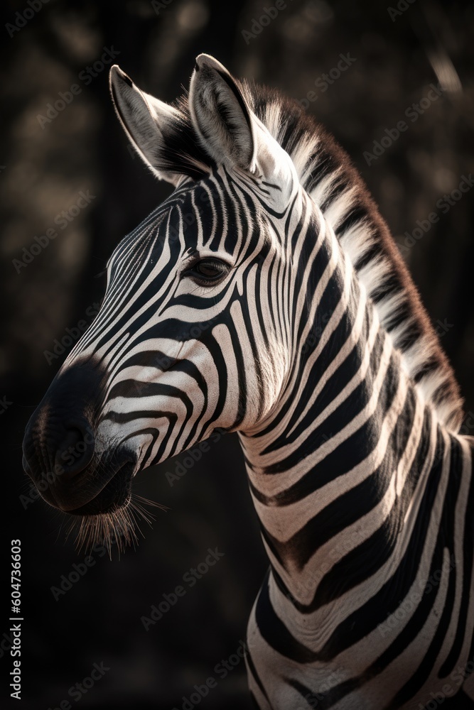 Fototapeta premium The mesmerizing beauty and elegance of a zebra captured in a stunning close-up within its natural environment. Created with generative A.I. technology.