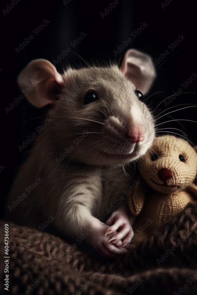 A stunning portrait capturing the lively and playful spirit of a rat, holding a small teddy in her paws. The image beautifully portrays the rat's nature, created with generative A.I.