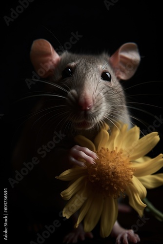 A stunning portrait capturing the lively and playful spirit of a rat, holding a yellow flower in her paws. The image beautifully portrays the rat's nature, created with generative A.I.