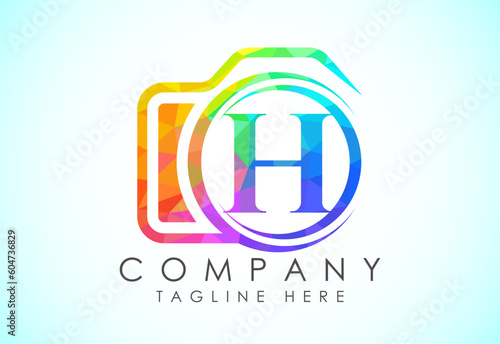 English alphabet H with a camera icon. Low poly style logo for photography business, and company identity