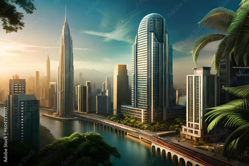 futuristic rendering city megacity cyberpunk scifi 3D illustration. High quality photo Generative AI