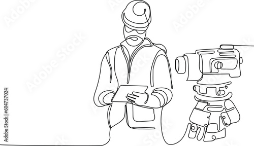 Close up of Caucasian worker with helmet on head using tablet for work while standing in warehouse. Surveyor with a tripod icon. Geodesic tripod. Vector illustration
