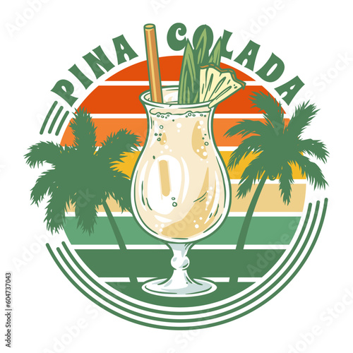 Pina Colada cocktail with slice of pineapple for summer party. Alcochol exotic pina cocktail with rum and leaf pineapple for beash bar and restaurant menu