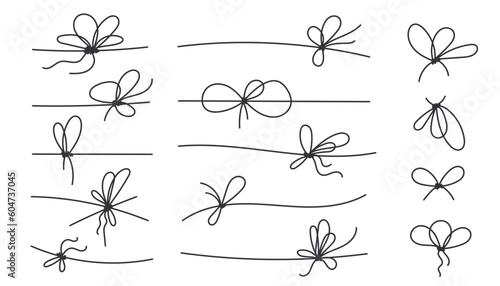 Line bows knots on ribbon for gift decoration. String with rope knots in doodle style, simple thin line wedding elements isolated on white background
