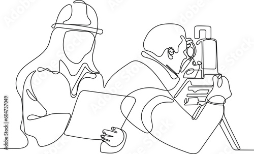 Close up of Caucasian worker with helmet on head using tablet for work while standing in warehouse. Surveyor with a tripod icon. Geodesic tripod. Vector illustration