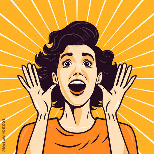 Vector Woman with Wow Face Holding Hands, Arms, Palms Near Her Cheeks in Pop Art Comic Style. Advertising Poster for Sale or Discount, Web Banner, Placard, Flyer Card with Beautiful Surprised Woman