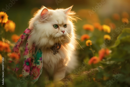 Cute Persian kitten walking on the grass, wearing a colorful scarf around his neck, golden hour, Generative AI