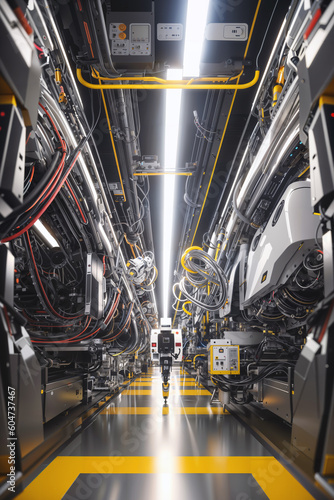 Futuristic Robot Moving Down a Hallway with Lots of Electrical Wires and Devices. Created With Generative AI.