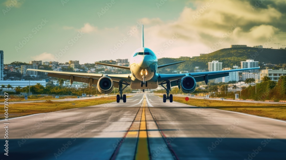 Modern Airplane landing o an airport runway, front view, Generated AI Modern Airplane landing o an airport runway, front view, Generated AI