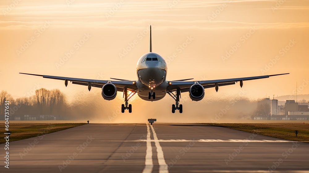 Modern Airplane landing o an airport runway, front view, Generated AI Modern Airplane landing o an airport runway, front view, Generated AI