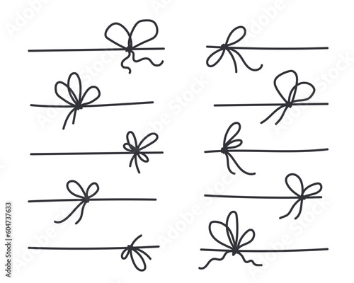 Line bows knots on ribbon for gift decoration. String with rope knots in doodle style, simple thin line wedding elements isolated on white background