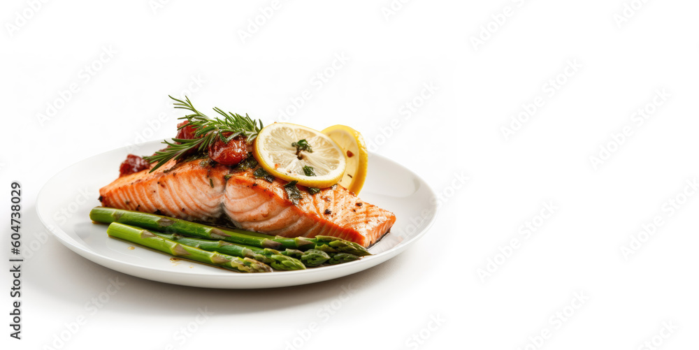 grilled salmon and roasted asparagus on a pristine white plate. Isolated on a white background with lemon slices. Copy space. Gastronomic delight AI Generative. grilled salmon and roasted asparagus on a pristine white plate. Isolated on a white background with lemon slices. Copy space. Gastronomic delight AI Generative.