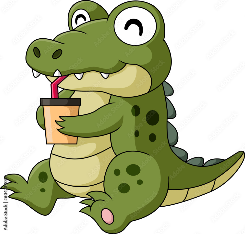 Fototapeta premium Cute baby crocodile cartoon drinking
