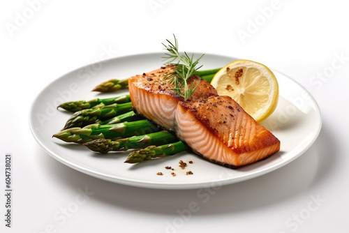 grilled salmon and roasted asparagus on a pristine white plate. Isolated on a white background with lemon slices. Copy space. Gastronomic delight AI Generative.