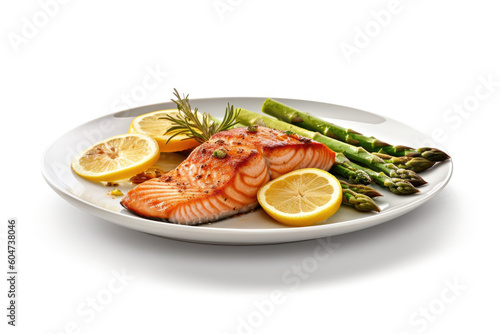 grilled salmon and roasted asparagus on a pristine white plate. Isolated on a white background with lemon slices. Copy space. Gastronomic delight AI Generative. photo