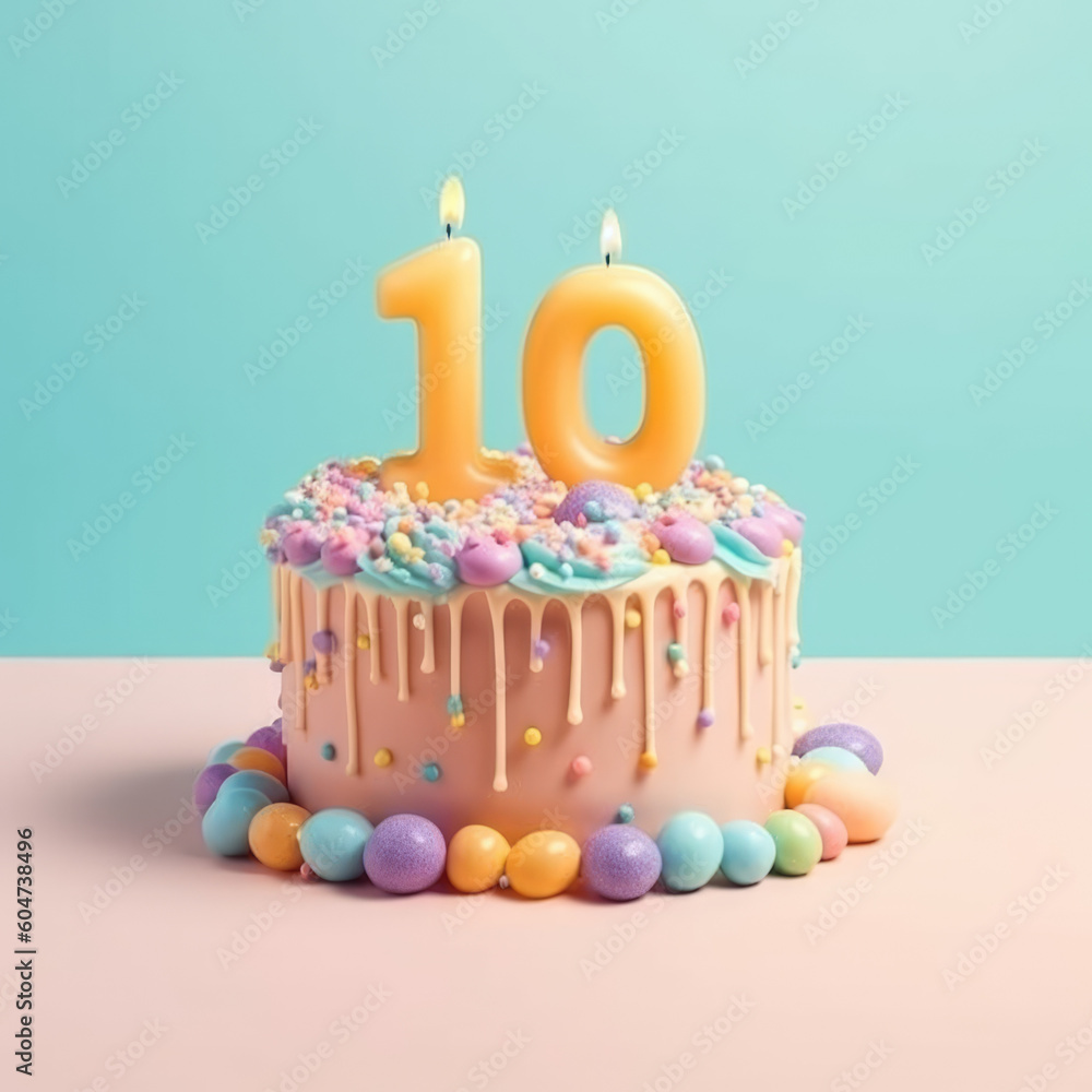Tenth party Delight: A Birthday Cake Adorned with Big Candles and Chocolate Chips isolated on pastel blue and Lilac background with space for text. Copy space. Celebration concept AI Generative