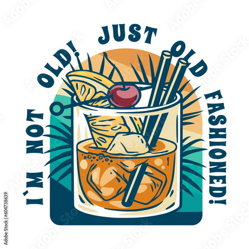 Old fashioned cocktail with ice and cherry for design of bar menu. American alcochol cocktail with whisky and bourbon for drink party. Tee print