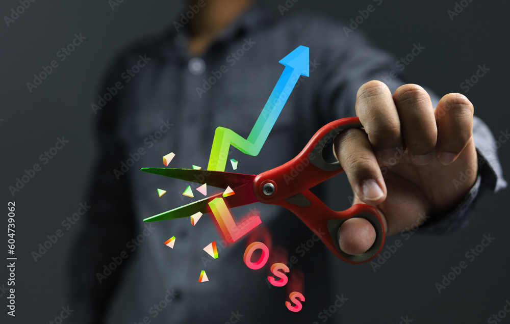 Stock market investor choose to use the stop loss method to saving costs or willing to sell losses before the price goes down much further. Scissors cutting graph 3D to broken for cut loss concept. - obrazy, fototapety, plakaty 