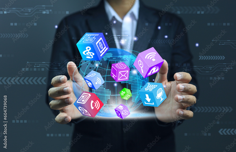 Businessman is collecting data in 3D cubic dice form about digital or online marketing. from all over the world into his hands for an advantage in doing business. Digital marketing data concept. Businessman is collecting data in 3D cubic dice form about digital or online marketing. from all over the world into his hands for an advantage in doing business. Digital marketing data concept.