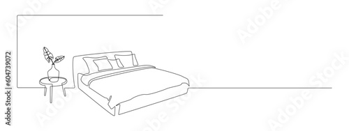 Double bed and table with vase and plant in continuous one line drawing. Scandinavian stylish furniture for cozy loft bedroom in simple linear style. Editable stroke. Doodle vector illustration