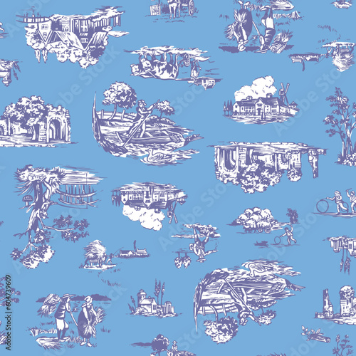 A seamless textile design of the old rural landscape,