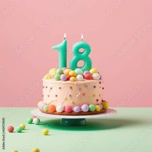 Milestone Celebration. Delight in an exquisite birthday cake, marking 18 years, on a charming pastel background. Copy space. Memorable moments AI Generative