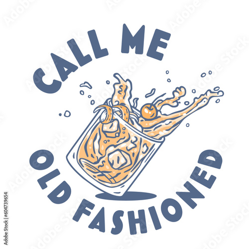 Old fashioned cocktail with ice, cherry and splash for design of bar menu. American alcochol cocktail with whisky and bourbon for drink party. Tee print