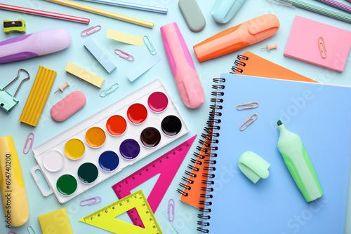 Different school stationery on light background, flat lay. Back to school