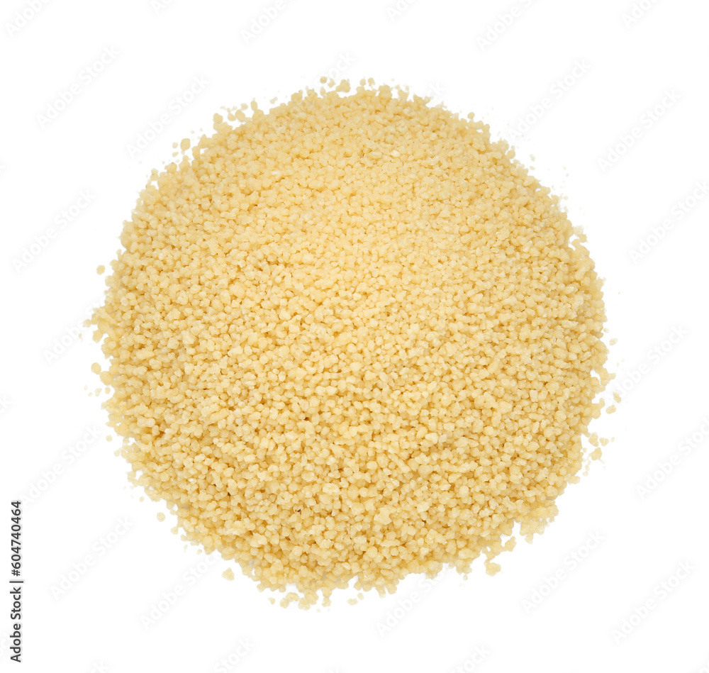 Pile of raw couscous on white background, top view Pile of raw couscous on white background, top view