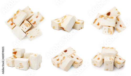 фотографія Piles of delicious nougat with peanuts on white background, collage design