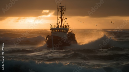 a fishing trawler in trouble during a heavy storm with fierce high waves around sunset off the coast of iceland. generative AI