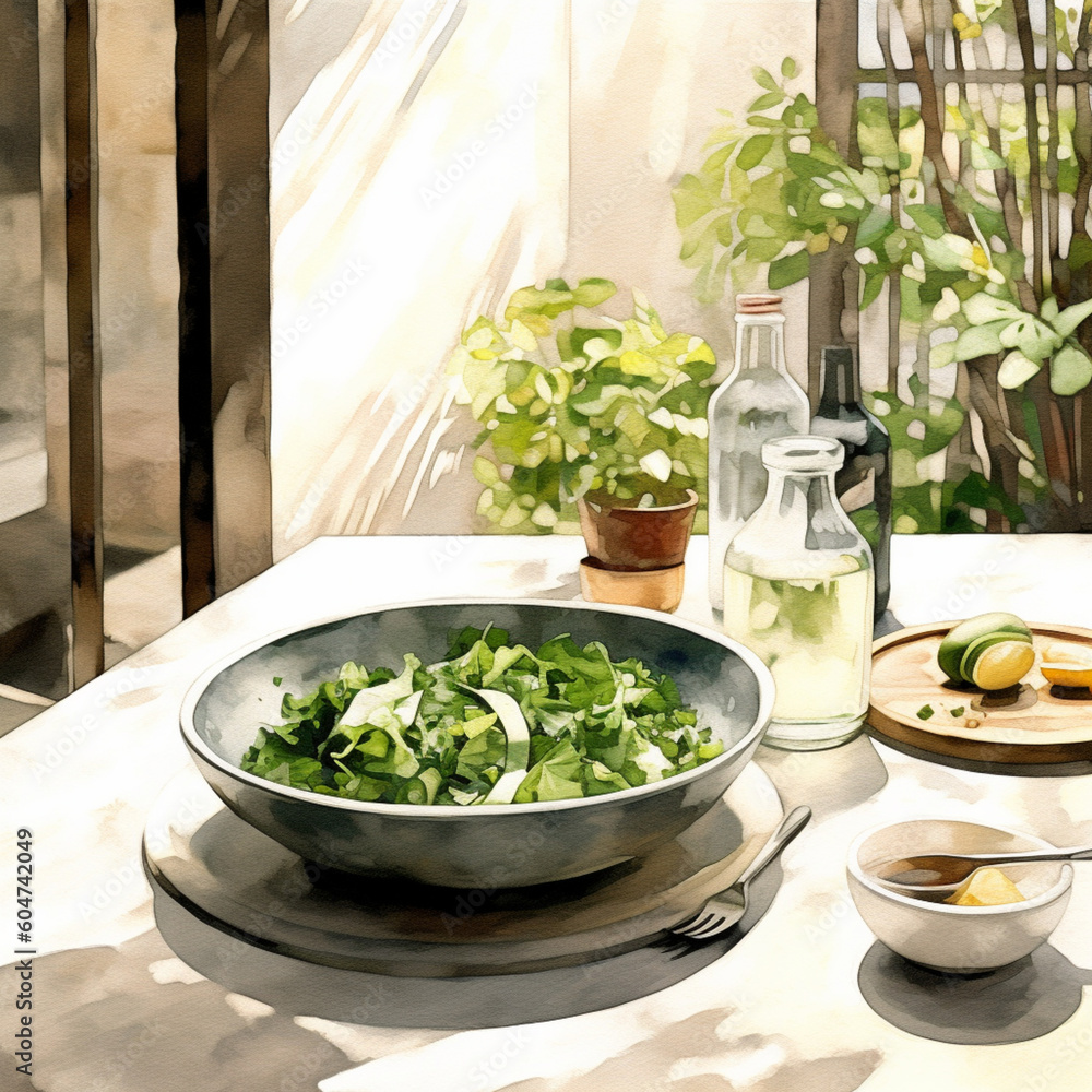 Family lunch around wooden table in green patio Focus on handmade porcelain green plates emerald green bowls and salad bowl in dark shinny emerald green There is a salad Family lunch around wooden table in green patio Focus on handmade porcelain green plates emerald green bowls and salad bowl in dark shinny emerald green There is a salad