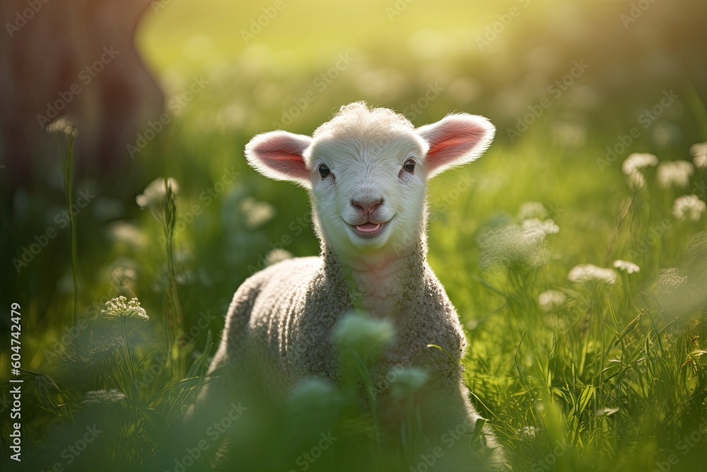 A beautiful lamb on the grass - sheep - EID AL ADHA - GENERATIVE AI