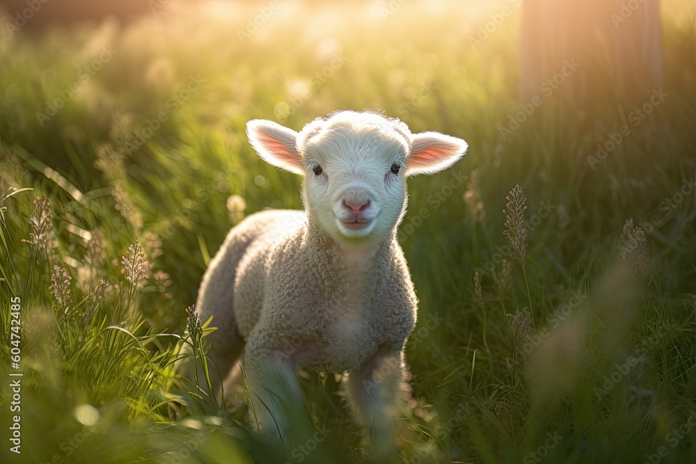 Obraz premium A beautiful lamb on the grass - sheep - EID AL ADHA - GENERATIVE AI