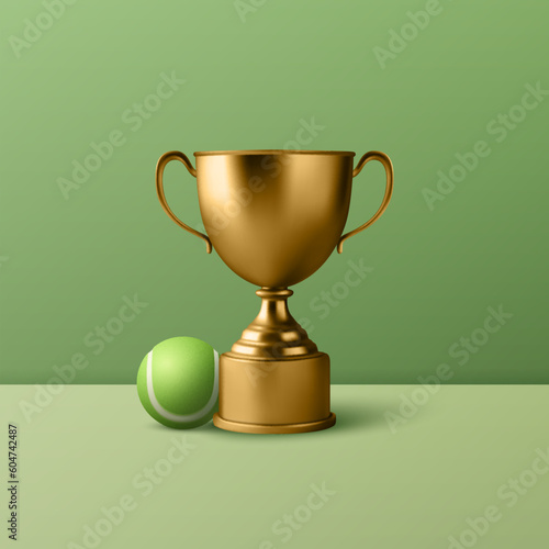 Vector 3d Realistic Blank Golden Champion Cup Icon with Tennis Ball Set Closeup on Green Background. Design Template of Championship Trophy. Sport Tournament Award, Gold Winner Cup and Victory Concept