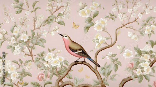 Chinoiserie wallpaper depicting a bird on a tree with small  flowers based on generative AI © R1_design_team