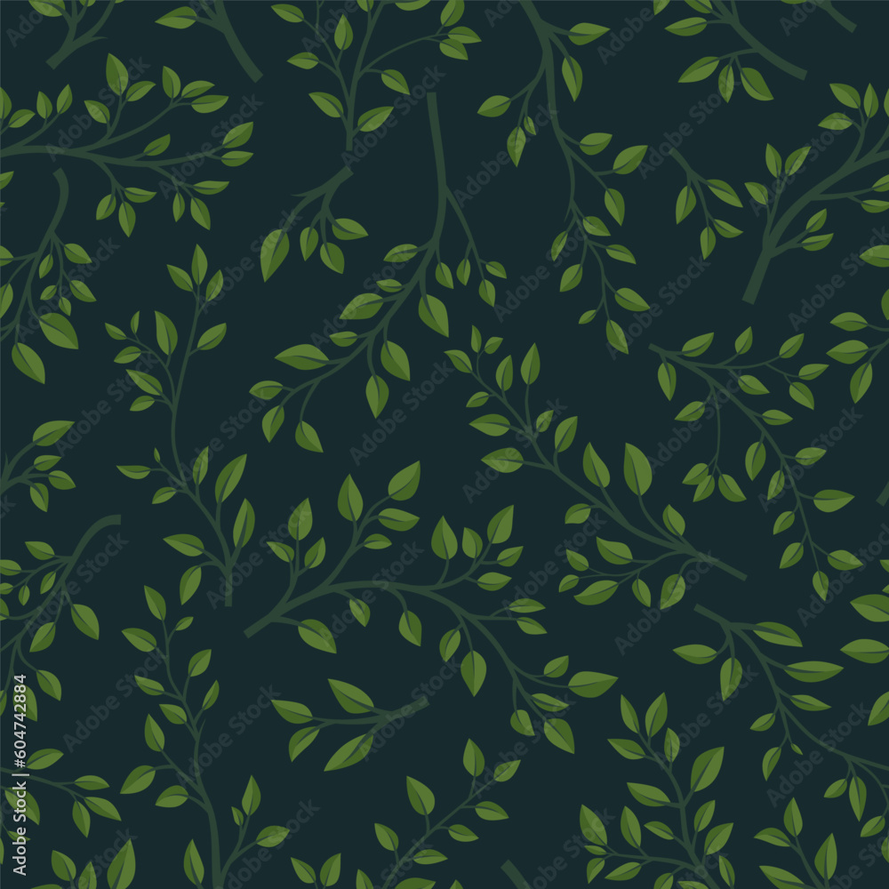 Vector Seamless Pattern with Green Tree Brunches on Black. Flat Cartoon Twig with Green Leaves. Spring, Summer Design - Leaves, Brunches, Plants, Herbs. Vector Illustration Vector Seamless Pattern with Green Tree Brunches on Black. Flat Cartoon Twig with Green Leaves. Spring, Summer Design - Leaves, Brunches, Plants, Herbs. Vector Illustration