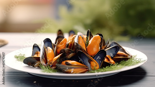 Macro close up of appetizing fresh Steamed sea mussels. Large blue mussels on dark plate